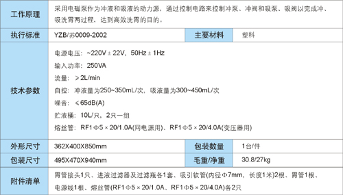 鱼跃7D电动洗胃机 技术参数