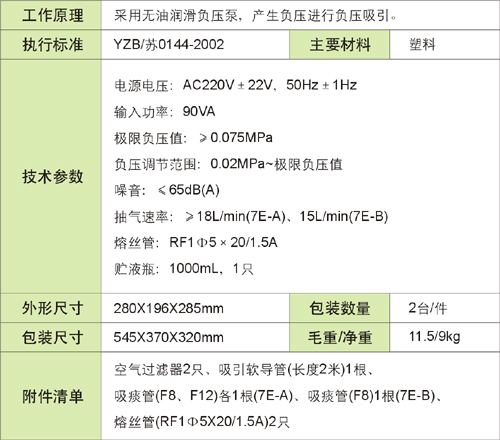 鱼跃便携式吸痰器(7E-A型) 技术参数