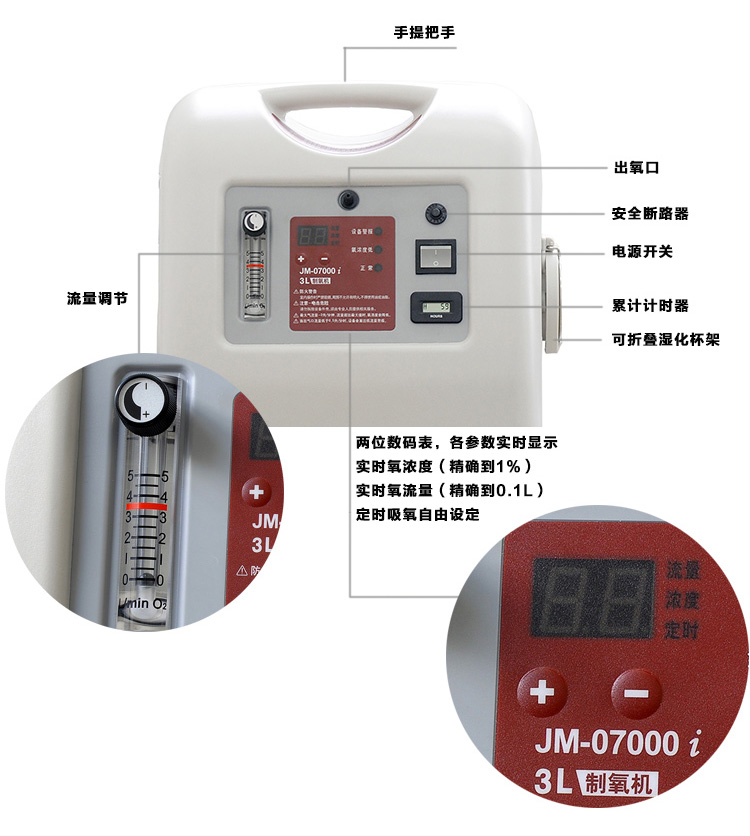 巨贸制氧机JM-07000i 3L带雾化型氧气机 家用老人孕妇吸氧机