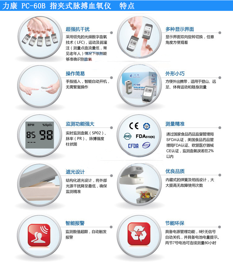 HealForce力康脉搏血氧饱和度仪PC-60b 夹指式脉搏血氧仪