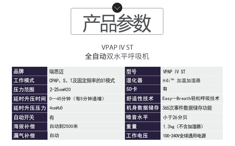 瑞思迈呼吸机VPAP IV ST 全自动双水平 有效治疗慢阻肺/肺心病/呼吸功能不全  产品参数