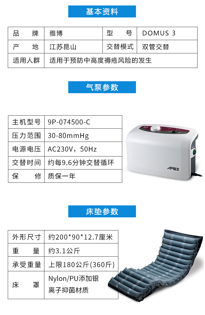 雅博防褥疮气垫DOMUS 3 产品参数