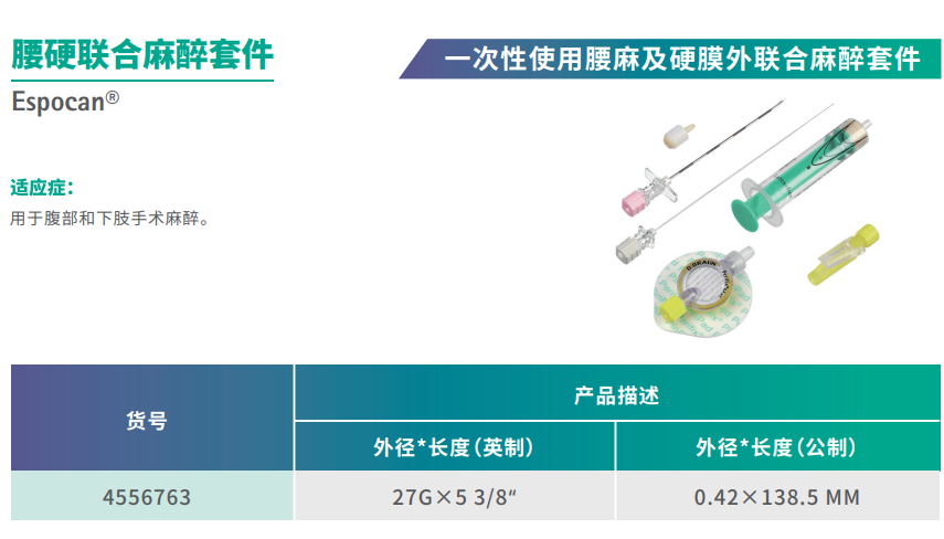 德国贝朗 Esponcan 一次性使用腰麻及硬膜外联合麻醉套件 货号介绍 德国贝朗 Esponcan 一次性使用腰麻及硬膜外联合麻醉套件 货号介绍